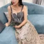 Elegant Champagne Suede Evening Dresses  2019 A-Line / Princess Shoulders Sleeveless Glitter Tulle Floor-Length / Long Ruffle Backless Formal Dresses