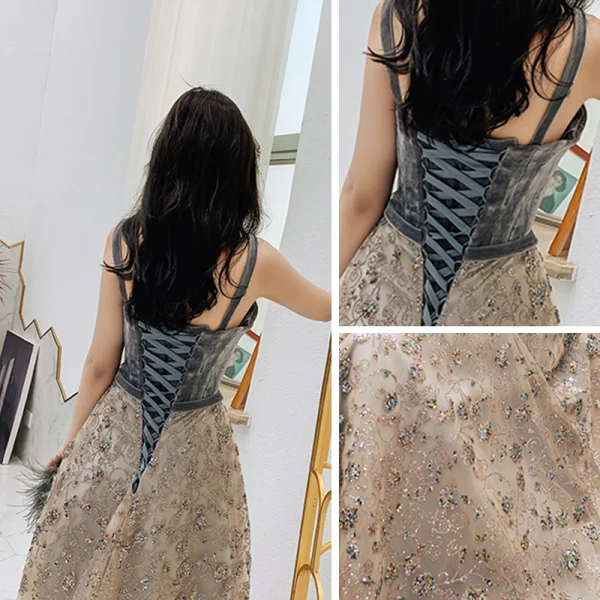 Elegant Champagne Suede Evening Dresses  2019 A-Line / Princess Shoulders Sleeveless Glitter Tulle Floor-Length / Long Ruffle Backless Formal Dresses