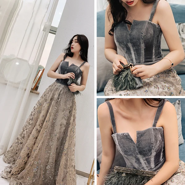 Elegant Champagne Suede Evening Dresses  2019 A-Line / Princess Shoulders Sleeveless Glitter Tulle Floor-Length / Long Ruffle Backless Formal Dresses