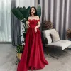 Classy Burgundy Evening Dresses  2019 A-Line / Princess Off-The-Shoulder Short Sleeve Appliques Lace Feather Glitter Tulle Floor-Length / Long Ruffle Backless Formal Dresses