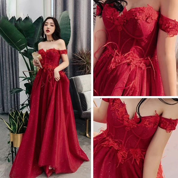 Chic Bordeaux Robe De Soirée 2019 Princesse De l'épaule Manches Courtes Appliques En Dentelle Plumes Glitter Tulle Longue Volants Dos Nu Robe De Ceremonie