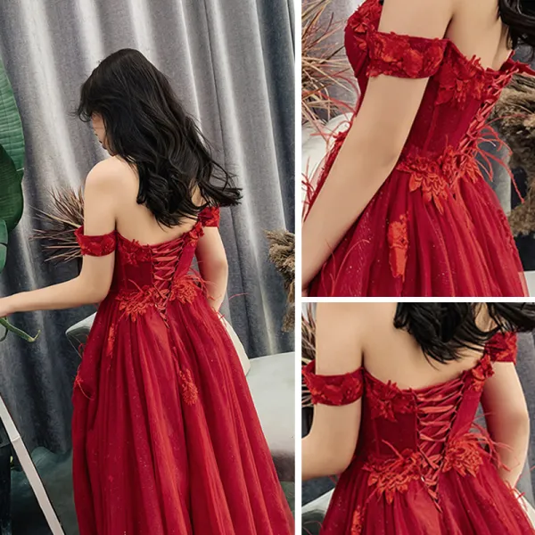 Robe Soirée Dentelle Appliques Bordeaux Princesse Élégant Robe De Ceremonie  Longue Robe D'honneur Epaule Dénudée Bas Prix 8119270971 