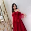 Élégant Bordeaux Robe De Soirée 2019 Princesse De l'épaule Manches Courtes Appliques En Dentelle Faux Diamant Longue Volants Dos Nu Robe De Ceremonie