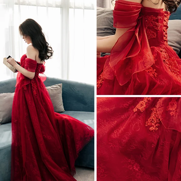Élégant Bordeaux Robe De Soirée 2019 Princesse De l'épaule Manches Courtes Appliques En Dentelle Faux Diamant Longue Volants Dos Nu Robe De Ceremonie