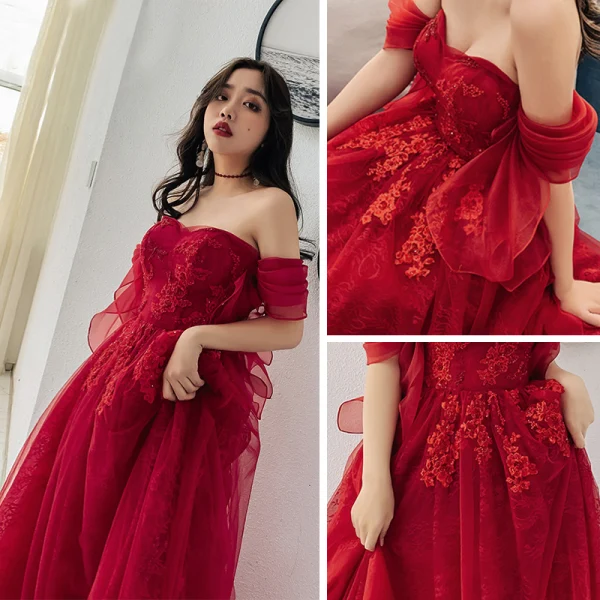 Élégant Bordeaux Robe De Soirée 2019 Princesse De l'épaule Manches Courtes Appliques En Dentelle Faux Diamant Longue Volants Dos Nu Robe De Ceremonie
