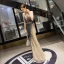 Luxe Champagne Robe De Soirée 2019 Trompette / Sirène Col v profond Sans Manches Fait main Perlage Train De Balayage Dos Nu Robe De Ceremonie