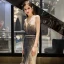 Luxe Champagne Robe De Soirée 2019 Trompette / Sirène Col v profond Sans Manches Fait main Perlage Train De Balayage Dos Nu Robe De Ceremonie