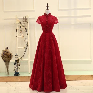 Style Chinois Bordeaux Robe De Soirée 2019 Princesse Col Haut Manches Courtes Cristal Perlage Longue Volants Dos Nu Robe De Ceremonie