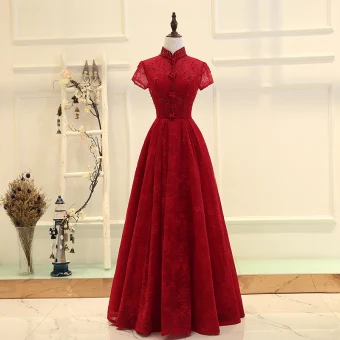 Style Chinois Bordeaux Robe De Soirée 2019 Princesse Col Haut Manches Courtes Cristal Perlage Longue Volants Dos Nu Robe De Ceremonie