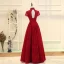 Chinese style Burgundy Evening Dresses  2019 A-Line / Princess High Neck Short Sleeve Crystal Beading Floor-Length / Long Ruffle Backless Formal Dresses