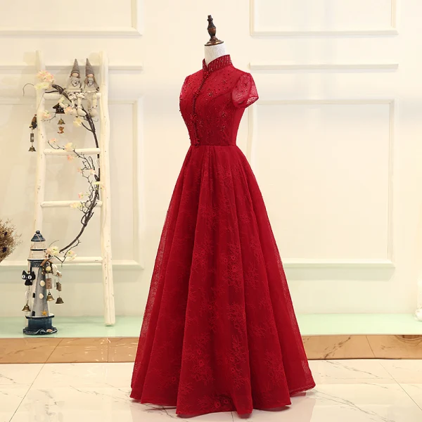 Chinese style Burgundy Evening Dresses 2019 A-Line / Princess High Neck Short Sleeve Crystal Beading Floor-Length / Long Ruffle Backless Formal Dresses