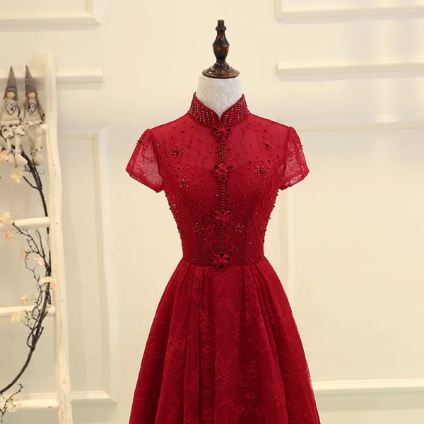 Chinese style Burgundy Evening Dresses 2019 A-Line / Princess High Neck Short Sleeve Crystal Beading Floor-Length / Long Ruffle Backless Formal Dresses