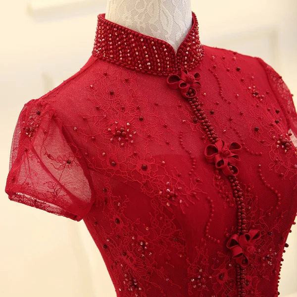 Chinese style Burgundy Evening Dresses 2019 A-Line / Princess High Neck Short Sleeve Crystal Beading Floor-Length / Long Ruffle Backless Formal Dresses