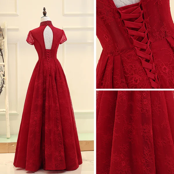 Chinese style Burgundy Evening Dresses 2019 A-Line / Princess High Neck Short Sleeve Crystal Beading Floor-Length / Long Ruffle Backless Formal Dresses