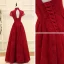 Chinese style Burgundy Evening Dresses  2019 A-Line / Princess High Neck Short Sleeve Crystal Beading Floor-Length / Long Ruffle Backless Formal Dresses