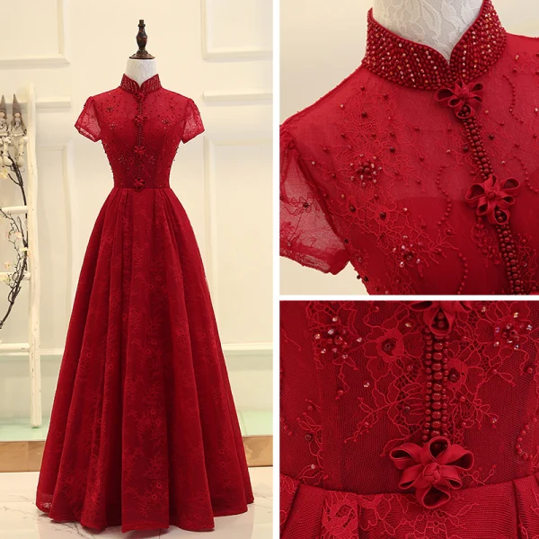 Chinese style Burgundy Evening Dresses 2019 A-Line / Princess High Neck Short Sleeve Crystal Beading Floor-Length / Long Ruffle Backless Formal Dresses