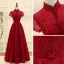 Chinese style Burgundy Evening Dresses  2019 A-Line / Princess High Neck Short Sleeve Crystal Beading Floor-Length / Long Ruffle Backless Formal Dresses