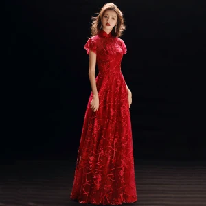 Chinese Style Red See Through Evening Dresses 2019 A Line Princess High Neck Short Sleeve Appliques Lace Floor Length Long Ruffle Formal Dresses