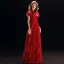 Chinese style Red See-through Evening Dresses  2019 A-Line / Princess High Neck Short Sleeve Appliques Lace Floor-Length / Long Ruffle Formal Dresses