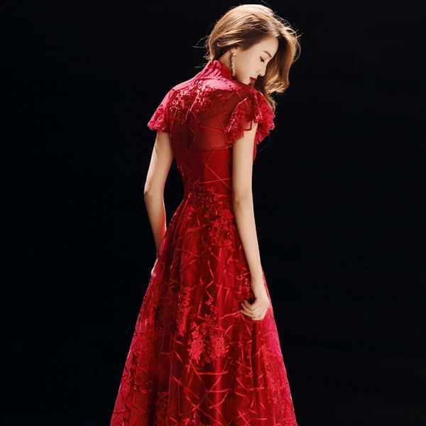 Chinese style Red See-through Evening Dresses 2019 A-Line / Princess High Neck Short Sleeve Appliques Lace Floor-Length / Long Ruffle Formal Dresses
