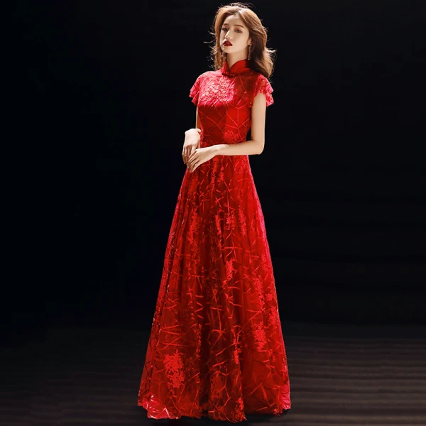 Chinese style Red See-through Evening Dresses 2019 A-Line / Princess High Neck Short Sleeve Appliques Lace Floor-Length / Long Ruffle Formal Dresses