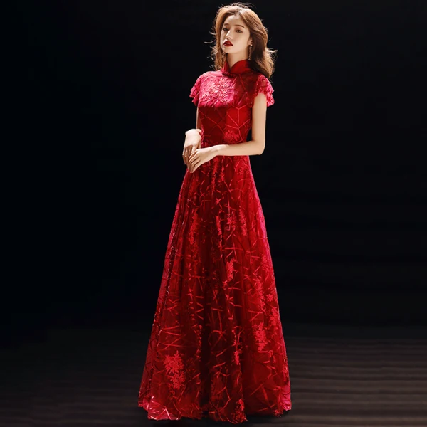Chinese style Red See-through Evening Dresses 2019 A-Line / Princess High Neck Short Sleeve Appliques Lace Floor-Length / Long Ruffle Formal Dresses