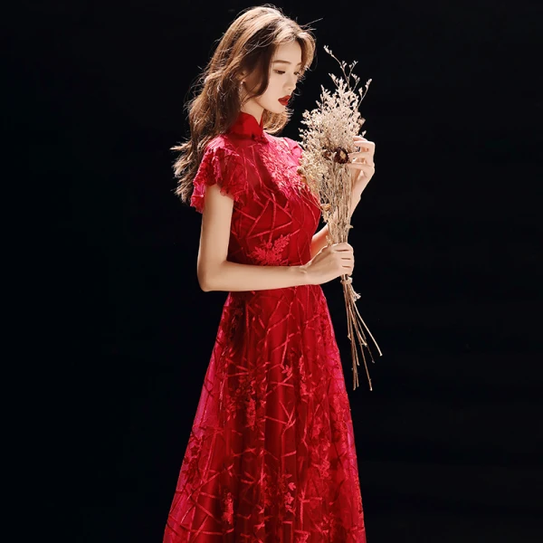 Chinese style Red See-through Evening Dresses 2019 A-Line / Princess High Neck Short Sleeve Appliques Lace Floor-Length / Long Ruffle Formal Dresses