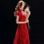 Chinese style Red See-through Evening Dresses  2019 A-Line / Princess High Neck Short Sleeve Appliques Lace Floor-Length / Long Ruffle Formal Dresses