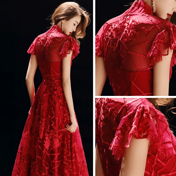 Chinese style Red See-through Evening Dresses 2019 A-Line / Princess High Neck Short Sleeve Appliques Lace Floor-Length / Long Ruffle Formal Dresses