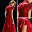 Chinese style Red See-through Evening Dresses  2019 A-Line / Princess High Neck Short Sleeve Appliques Lace Floor-Length / Long Ruffle Formal Dresses