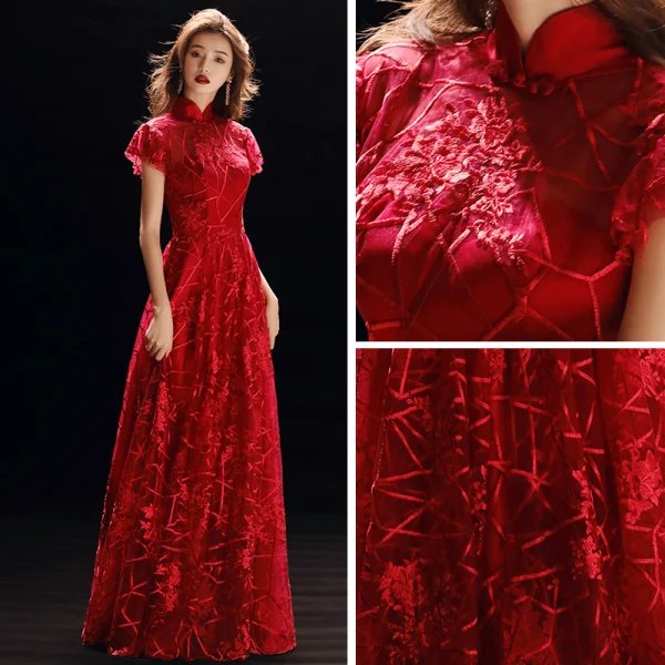 Chinese style Red See-through Evening Dresses 2019 A-Line / Princess High Neck Short Sleeve Appliques Lace Floor-Length / Long Ruffle Formal Dresses