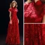 Chinese style Red See-through Evening Dresses  2019 A-Line / Princess High Neck Short Sleeve Appliques Lace Floor-Length / Long Ruffle Formal Dresses
