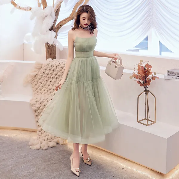 Modest / Simple Jade Green Homecoming Graduation Dresses 2019 A-Line / Princess Spaghetti Straps Sleeveless Tea-length Backless Formal Dresses