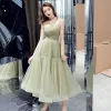 Modest / Simple Jade Green Homecoming Graduation Dresses 2019 A-Line / Princess Spaghetti Straps Sleeveless Tea-length Backless Formal Dresses