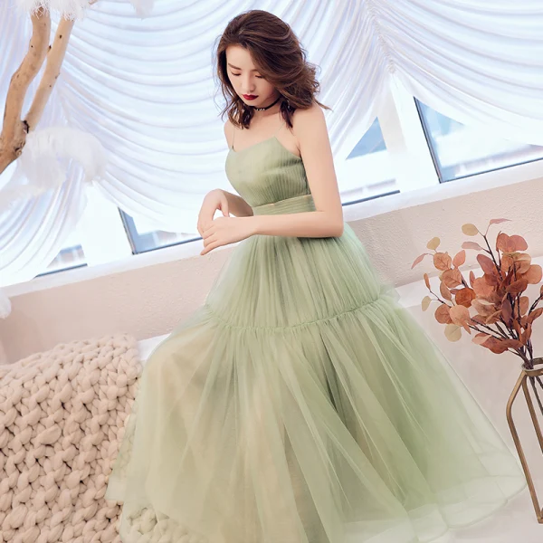 Modest / Simple Jade Green Homecoming Graduation Dresses 2019 A-Line / Princess Spaghetti Straps Sleeveless Tea-length Backless Formal Dresses