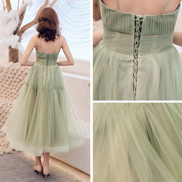 Modest / Simple Jade Green Homecoming Graduation Dresses 2019 A-Line / Princess Spaghetti Straps Sleeveless Tea-length Backless Formal Dresses