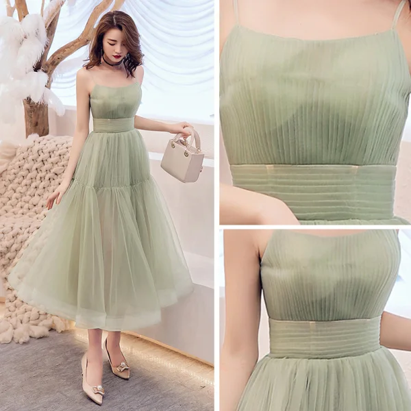 Modest / Simple Jade Green Homecoming Graduation Dresses 2019 A-Line / Princess Spaghetti Straps Sleeveless Tea-length Backless Formal Dresses