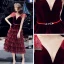 Chic / Beautiful Burgundy Suede Homecoming Graduation Dresses 2019 A-Line / Princess Deep V-Neck Sleeveless Metal Sash Tea-length Cascading Ruffles Formal Dresses