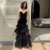 Sexy Black Lace Summer Evening Dresses  2019 A-Line / Princess Spaghetti Straps Sleeveless Floor-Length / Long Cascading Ruffles Backless Formal Dresses