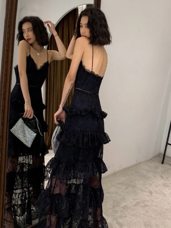 Sexy Schwarz Spitze Sommer Abendkleider 2019 A Linie Spaghettiträger Ärmellos Lange Fallende Rüsche Rückenfreies Festliche Kleider