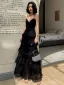 Sexy Schwarz Spitze Sommer Abendkleider 2019 A Linie Spaghettiträger Ärmellos Lange Fallende Rüsche Rückenfreies Festliche Kleider
