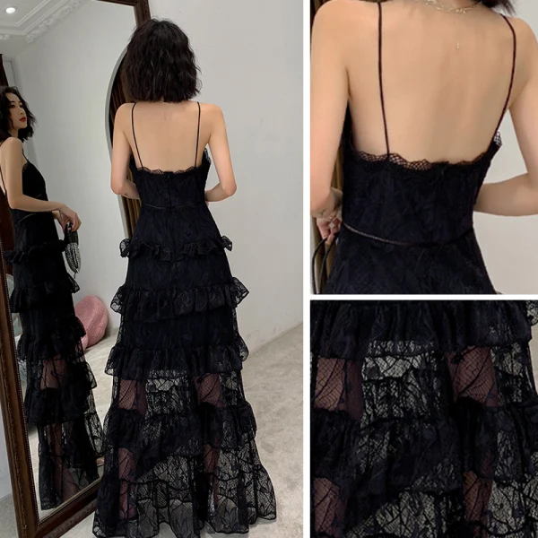 Sexy Schwarz Spitze Sommer Abendkleider 2019 A Linie Spaghettiträger Ärmellos Lange Fallende Rüsche Rückenfreies Festliche Kleider