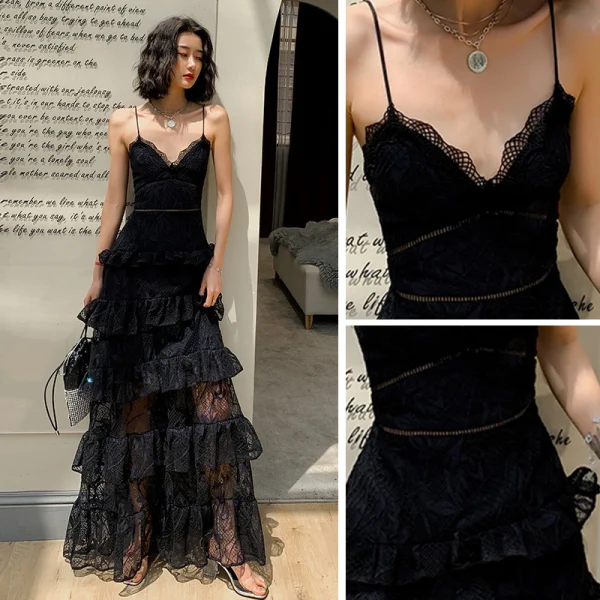 Sexy Schwarz Spitze Sommer Abendkleider 2019 A Linie Spaghettiträger Ärmellos Lange Fallende Rüsche Rückenfreies Festliche Kleider