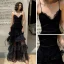 Sexy Schwarz Spitze Sommer Abendkleider 2019 A Linie Spaghettiträger Ärmellos Lange Fallende Rüsche Rückenfreies Festliche Kleider