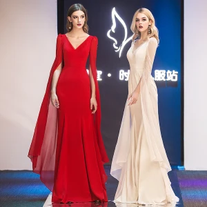 Moderne Mode Rouge Chiffon Robe De Soirée 2019 Trompette Sirène V Cou Manches Longues Longue Volants Dos Nu Robe De Ceremonie