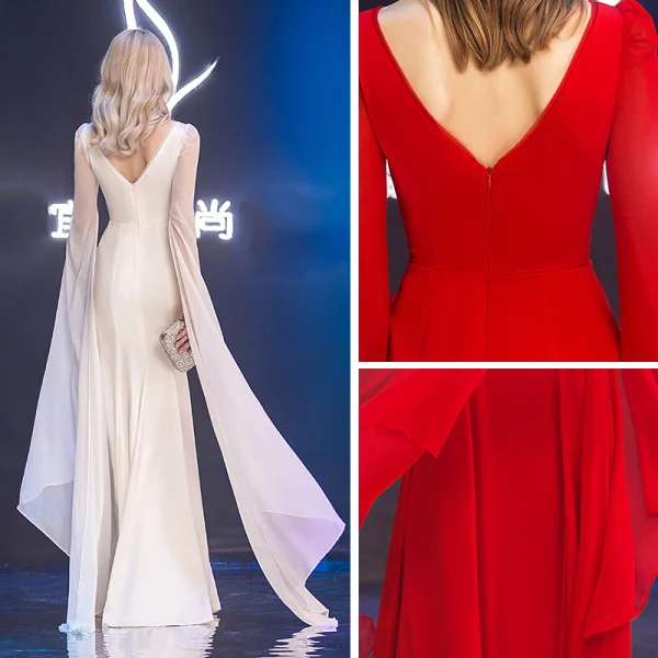 Mode Rot Chiffon Abendkleider 2019 Meerjungfrau V-Ausschnitt Lange Ärmel Lange Rüschen Rückenfreies Festliche Kleider
