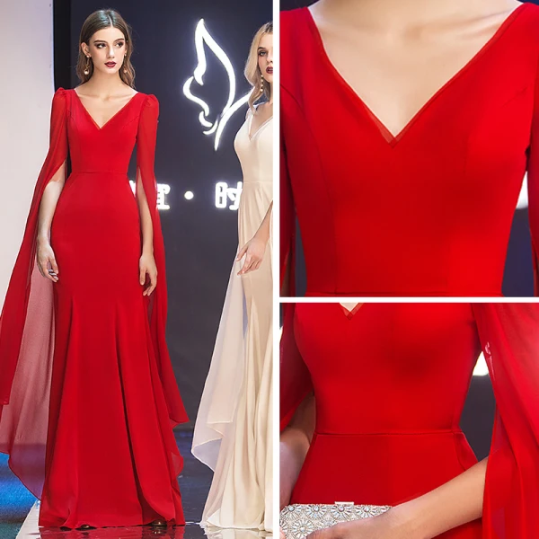 Mode Rot Chiffon Abendkleider 2019 Meerjungfrau V-Ausschnitt Lange Ärmel Lange Rüschen Rückenfreies Festliche Kleider