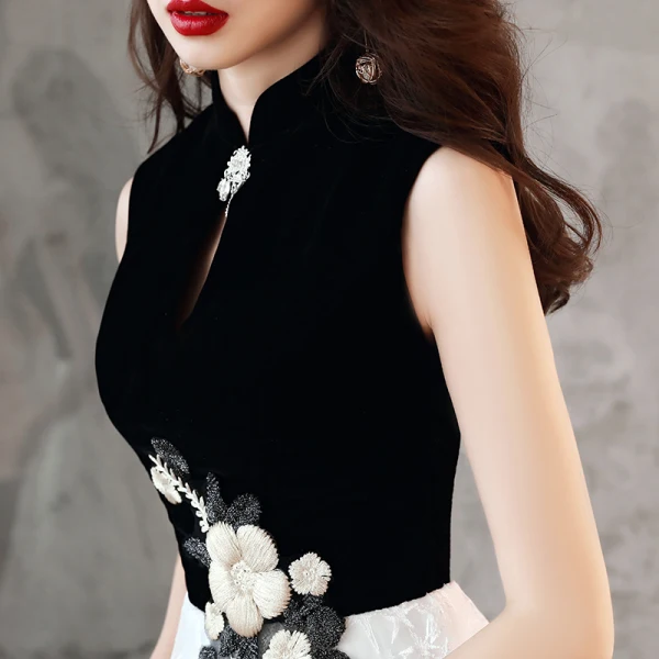 Chinese style Black White Homecoming Graduation Dresses 2019 A-Line / Princess High Neck Sleeveless Star Appliques Lace Knee-Length Ruffle Formal Dresses