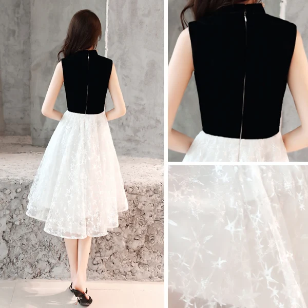 Chinese style Black White Homecoming Graduation Dresses 2019 A-Line / Princess High Neck Sleeveless Star Appliques Lace Knee-Length Ruffle Formal Dresses