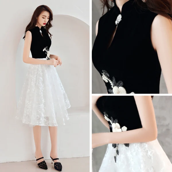 Chinese style Black White Homecoming Graduation Dresses 2019 A-Line / Princess High Neck Sleeveless Star Appliques Lace Knee-Length Ruffle Formal Dresses